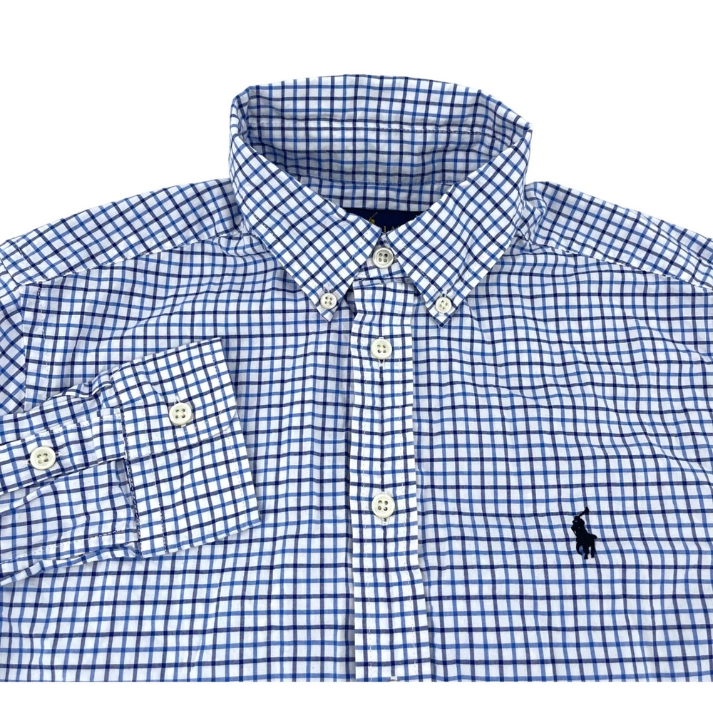 Ralph Lauren Boys Blue Check Stretch Long Sleeve Button Down Shirt L 14-16